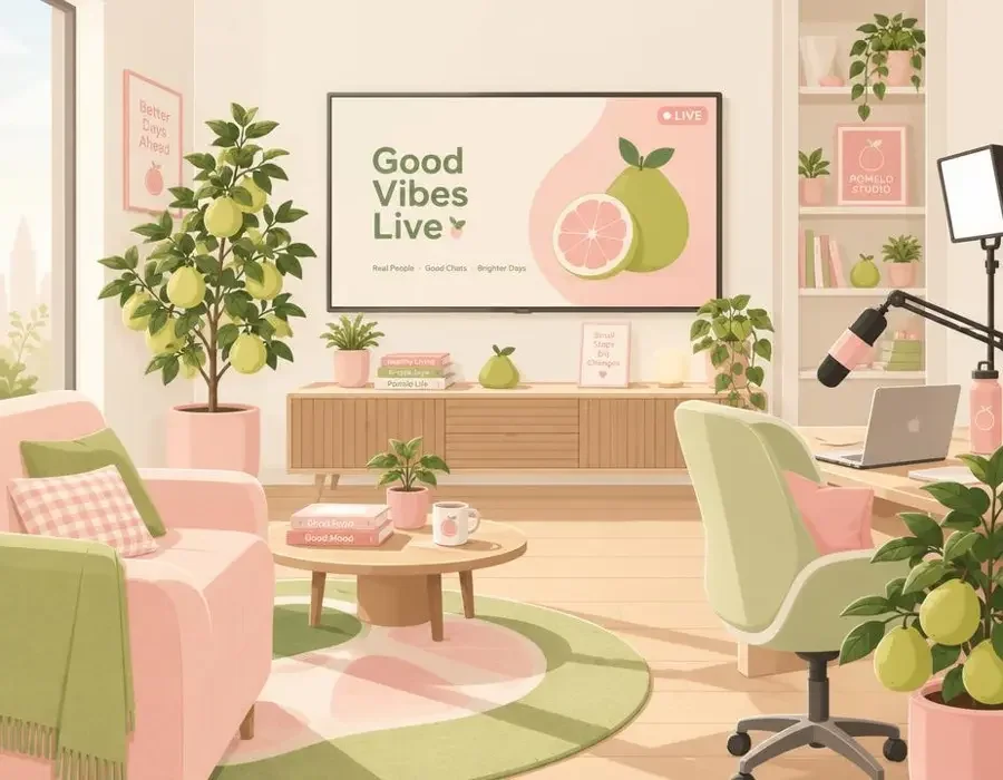 AI剧观看团队创作空间插画，屏幕与柚子树盆栽