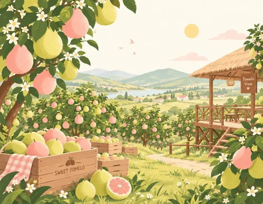 AI剧观看品牌故事插画,阳光下的柚子园与观剧小屋